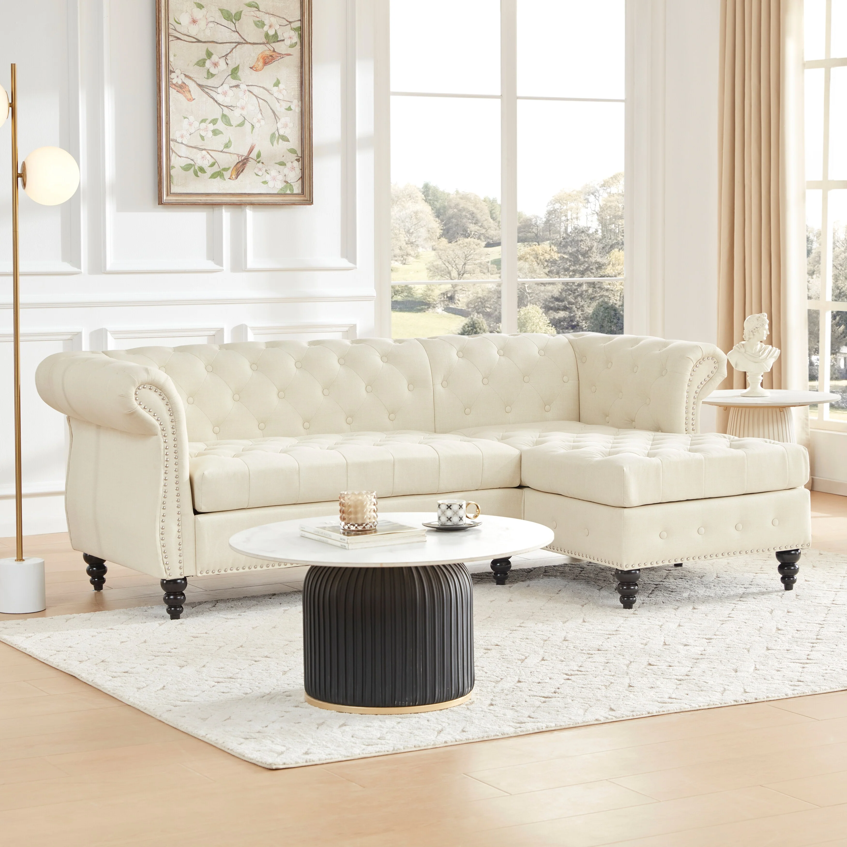Beige 86.6'' L-Shaped Linen Chesterfield Sofa with Button Tufting, Rolled Arms, Nailhead Trim, and Gourd Wood Legs