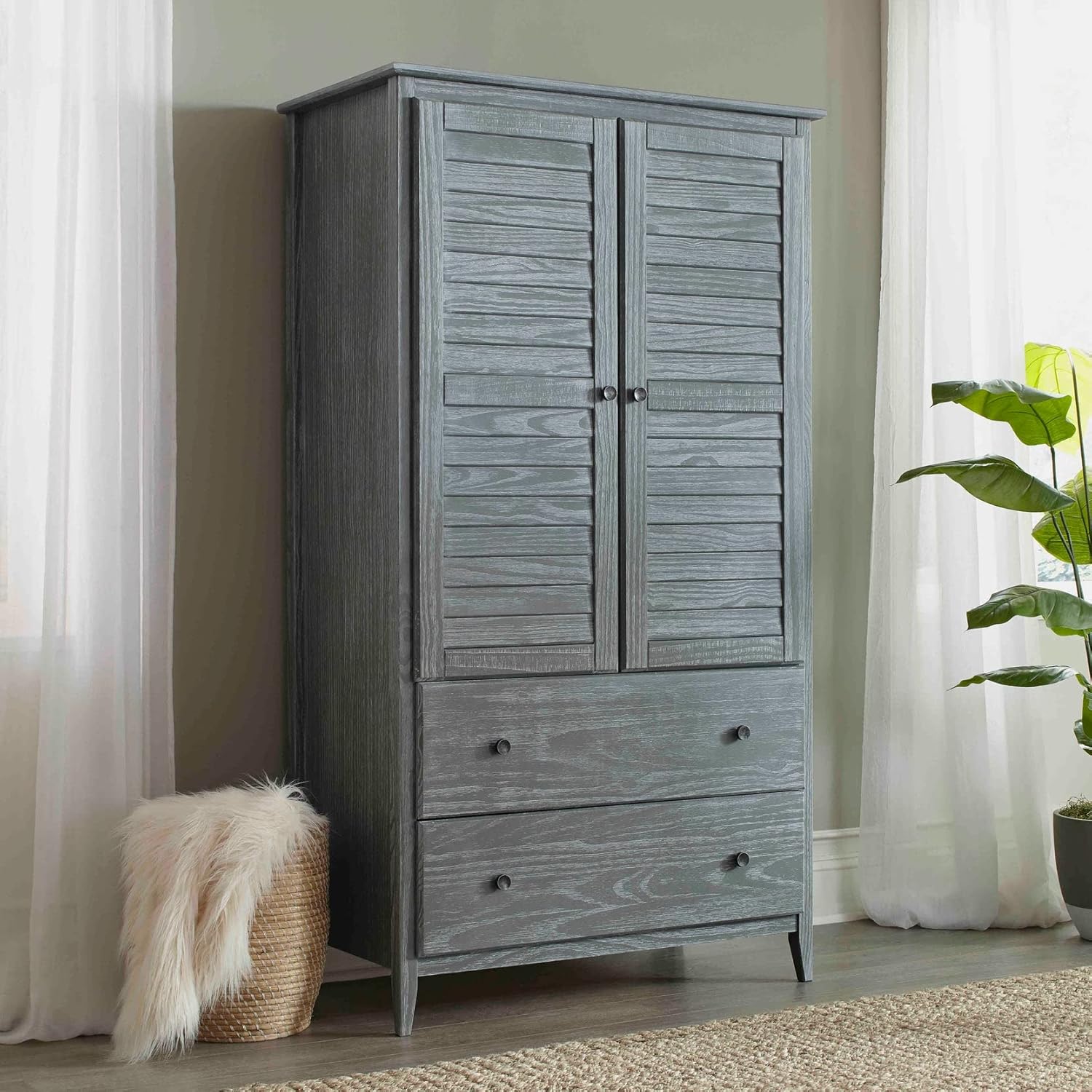 Grain Wood Furniture Greenport 2-Door Wardrobe, Solid Wood with a Brushed Grey Finish