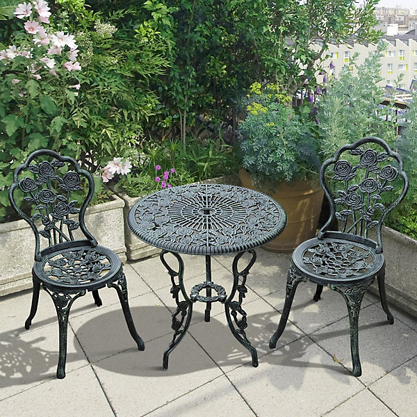 Ensemble salon de jardin 2 places 2 chaises et table ronde style néo-rétro motif rose lignes fuselées fonte alu vert vieilli