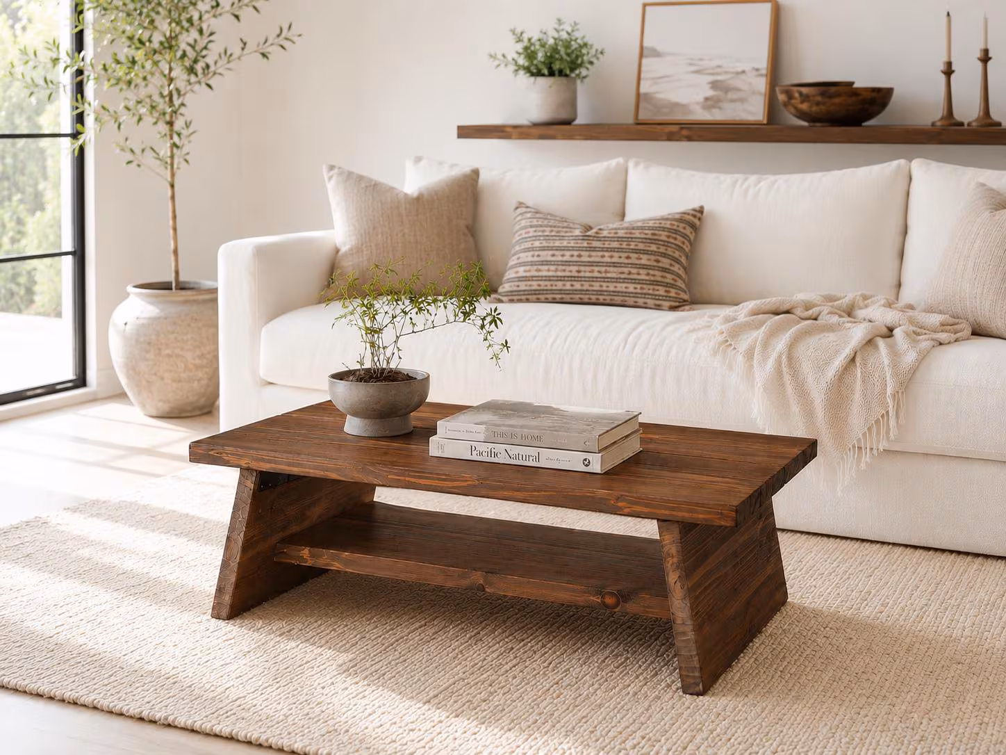 Solid Wood Coffee Table With Shelf, Wooden Coffee Table, Handmade Living Room Table, Modern Minimalist Furniture