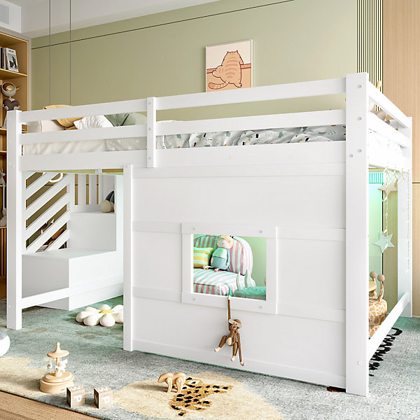 Lit Mezzanine 140x200 cm - Lit Double avec Escaliers de Rangement et Garde-Corps, LED Intégrée, sans Matelas - MDF Blanc