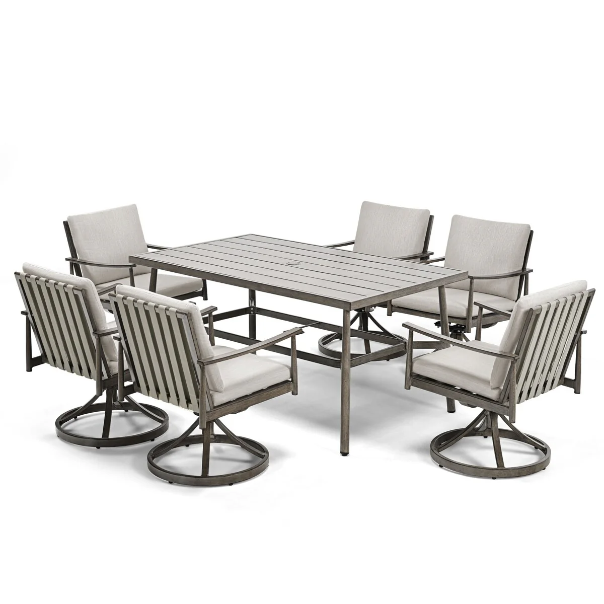 SleekLine 7-Piece Aluminum Patio Dining Set with Webbing Chair Back and Removable Cushions