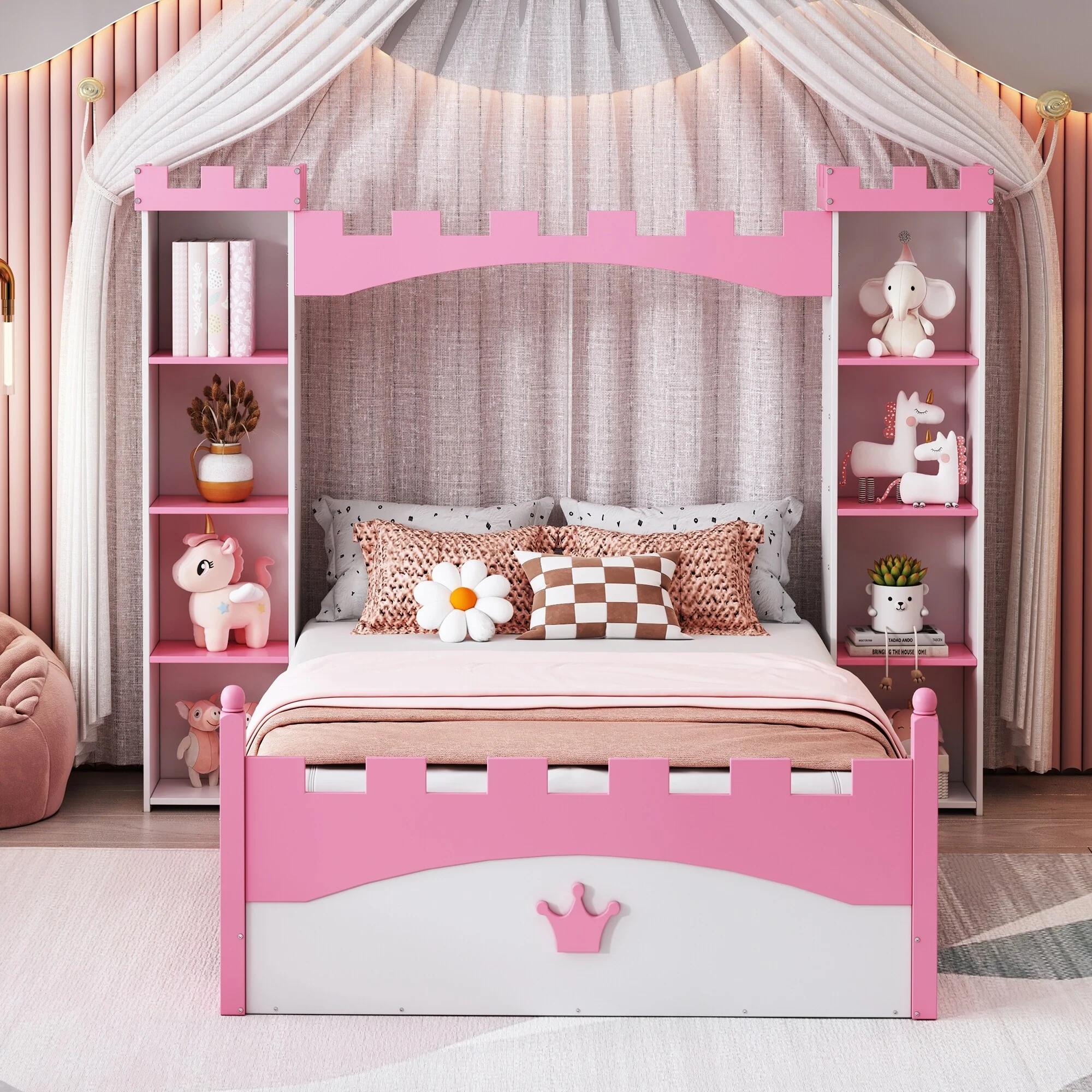Castle-Shaped Twin Bed with Storage Shelves and Crown Footboard, Pink & White Wooden Platform Bed for Kids