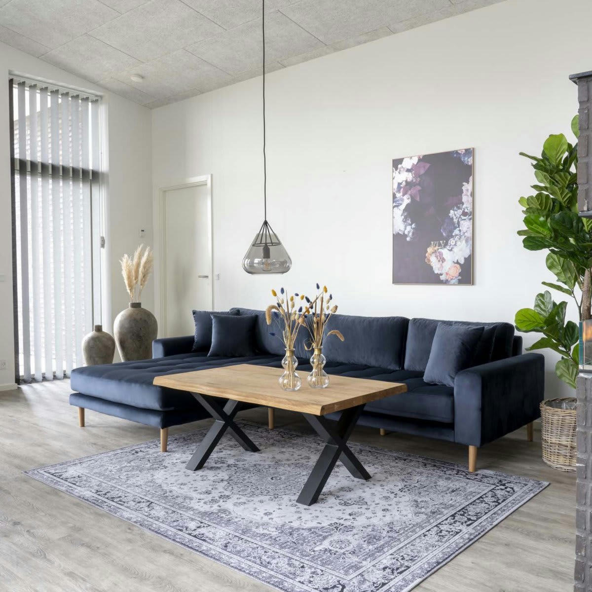 MILIME - Canapé d'angle gauche 4 places en velours bleu