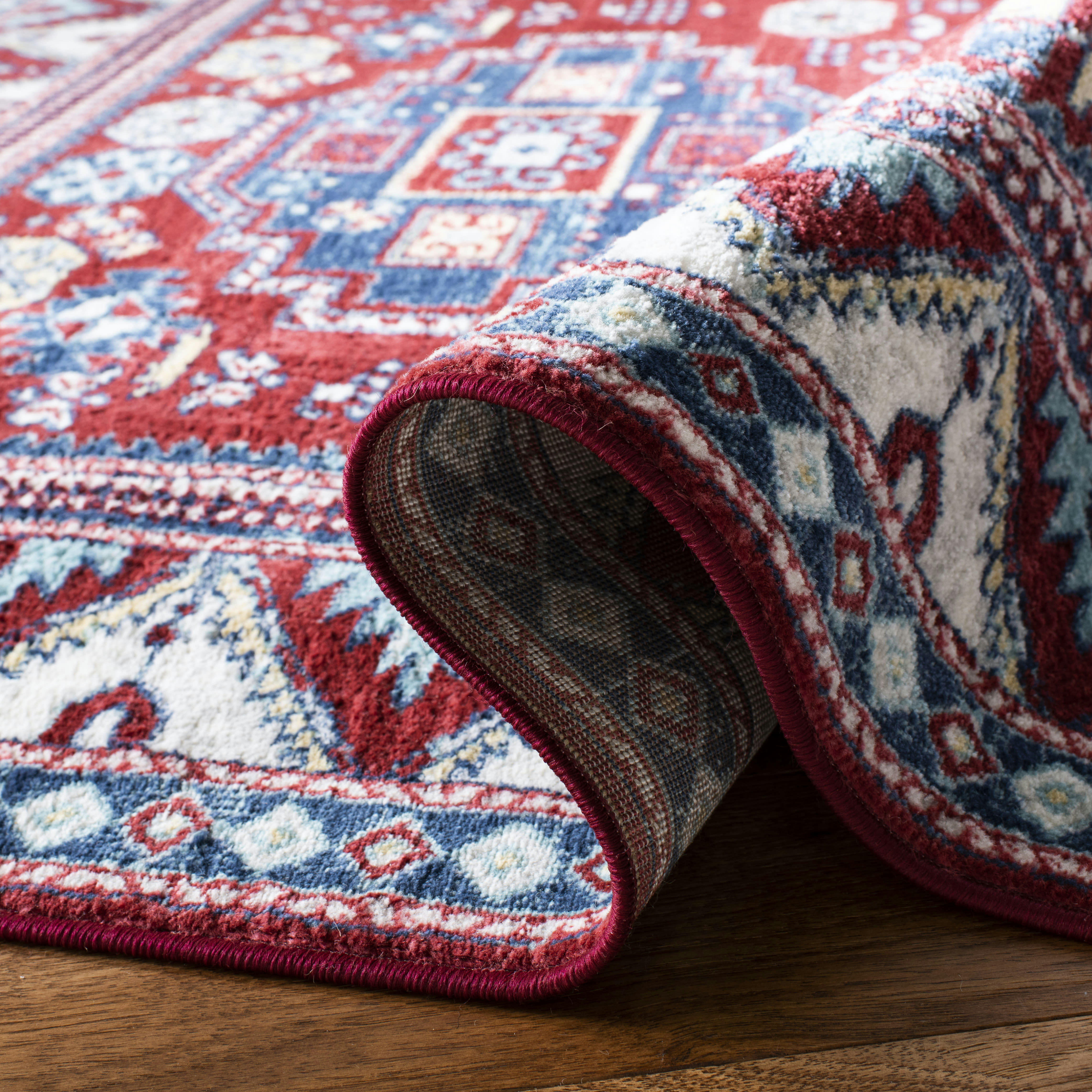 KAZAK - Tapis de salon interieur en rouge & bleu, 160 x 229 cm