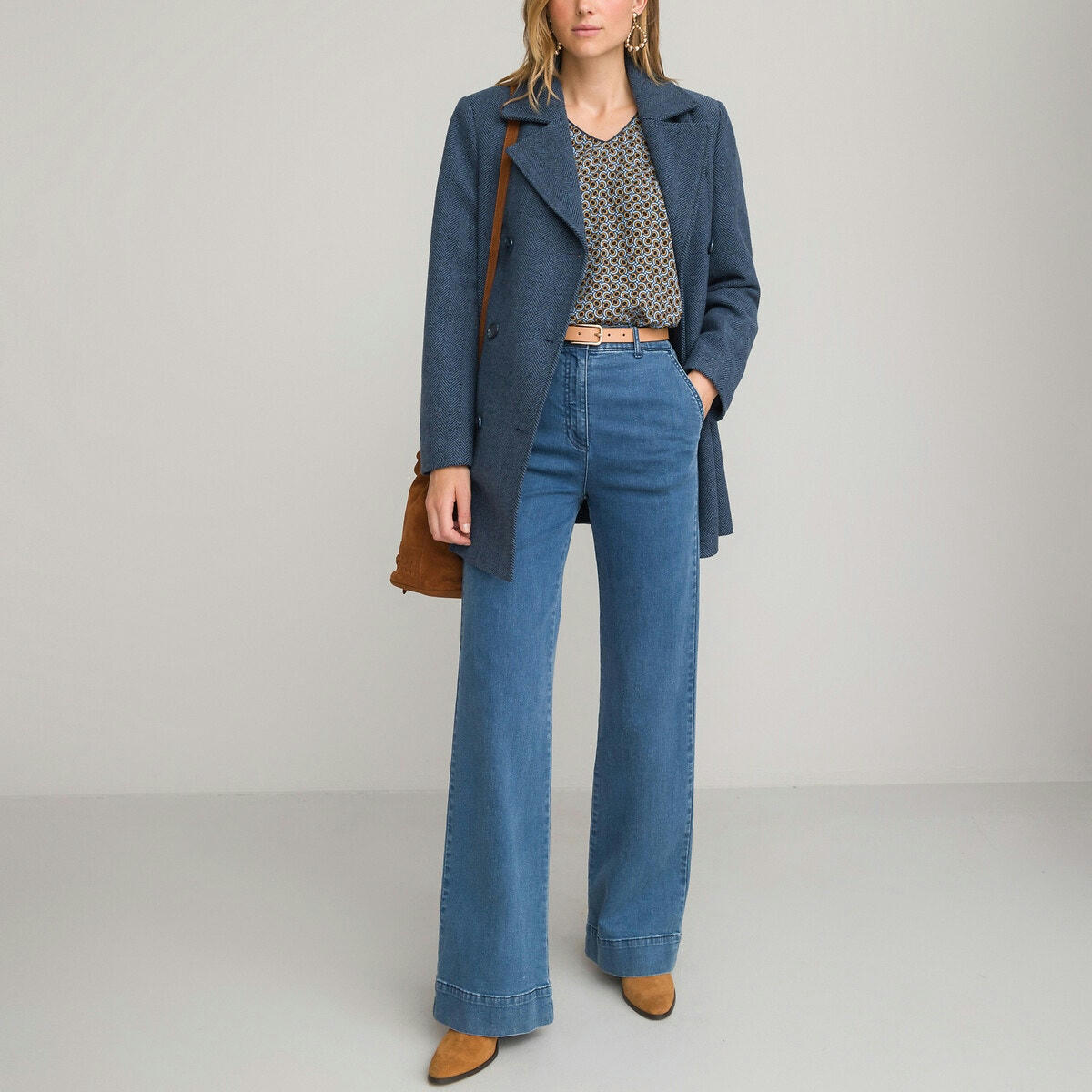 Blouse col V, imprimé graphique, manches longues