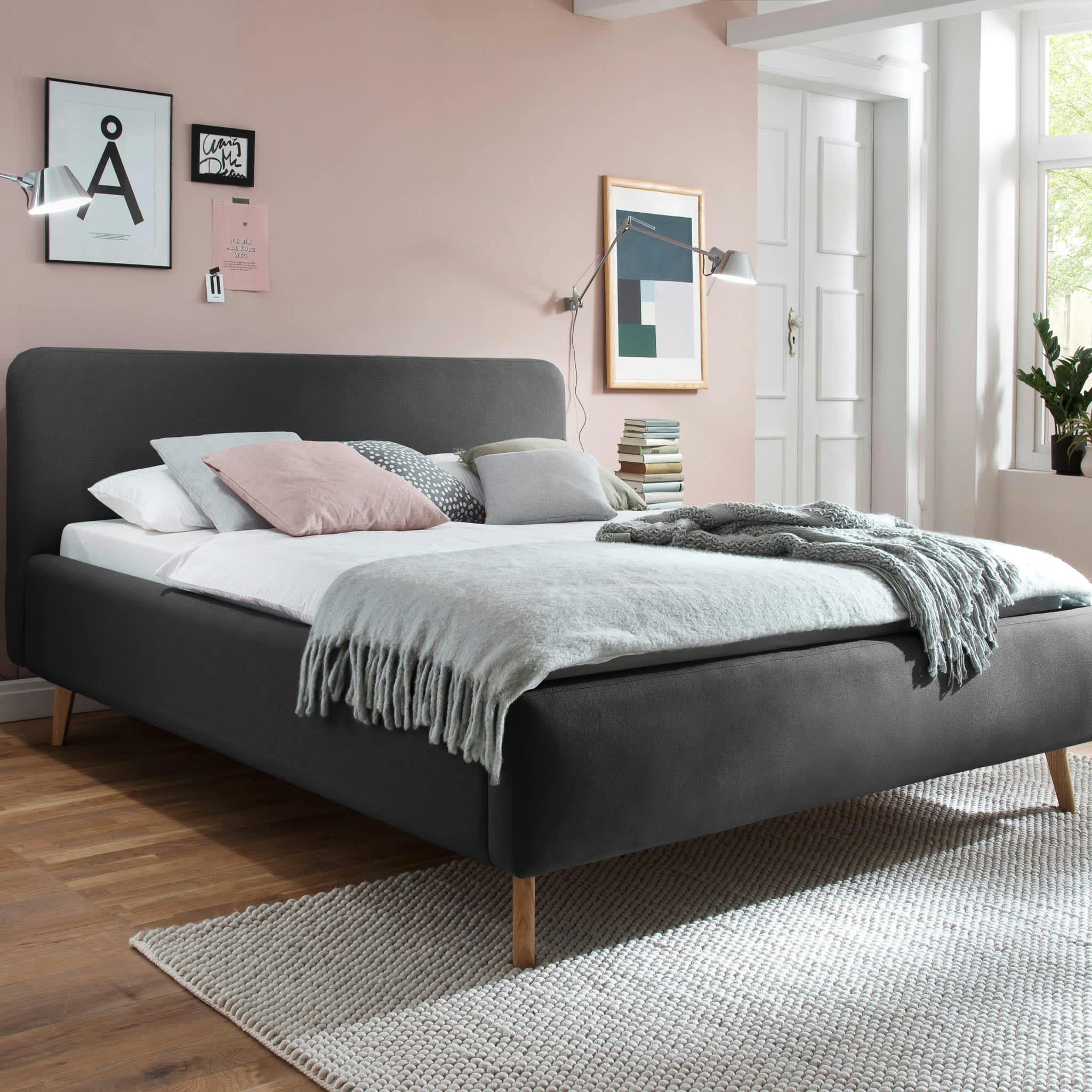 - Lit scandinave capitonné en tissu anthracite 140x200