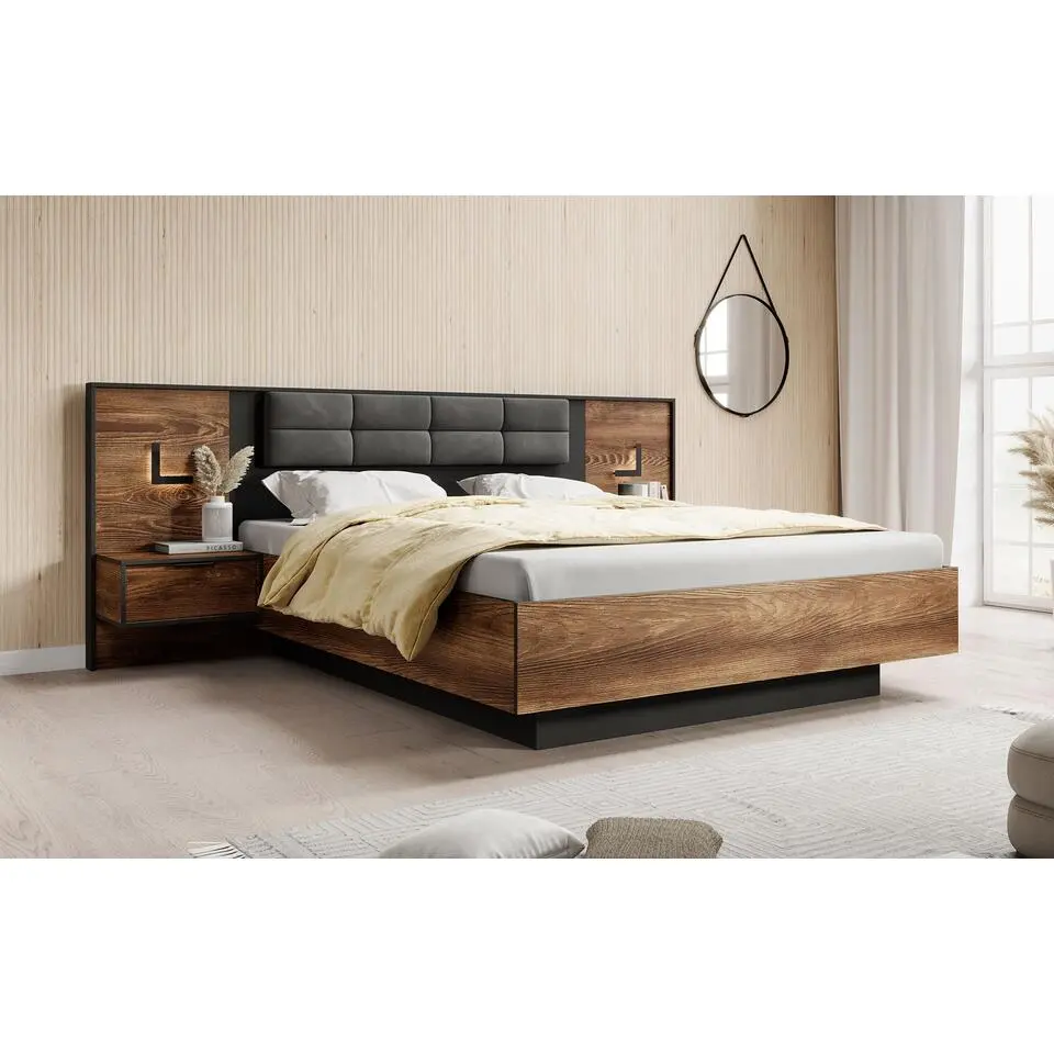 Meubella - Tweepersoonsbed Mulvey - Eiken - Antraciet - 160x200 cm