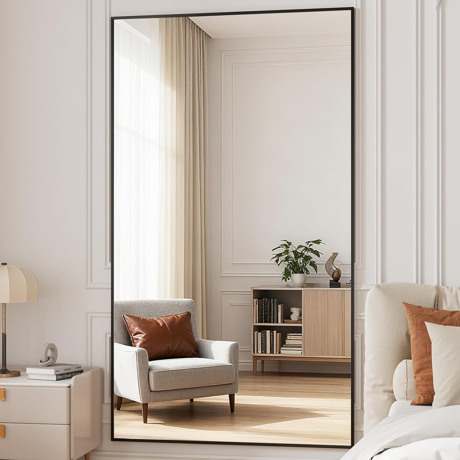 Full Length Mirror, 77x38 Large Floor Mirror with Stand, Tall Full Body Mirrors for Bedroom, Hanging Mounted for Living Room Cloakroom, Aluminum Alloy Frame, Black