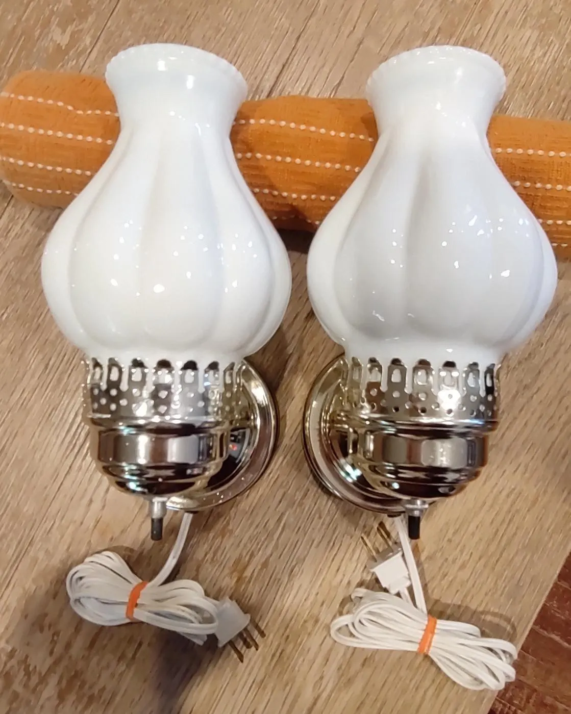 Vintage Milk Glass Hurricane Wall Sconces - Matching Pair, Mid Century Melon Ribbed Plug-In Sconce