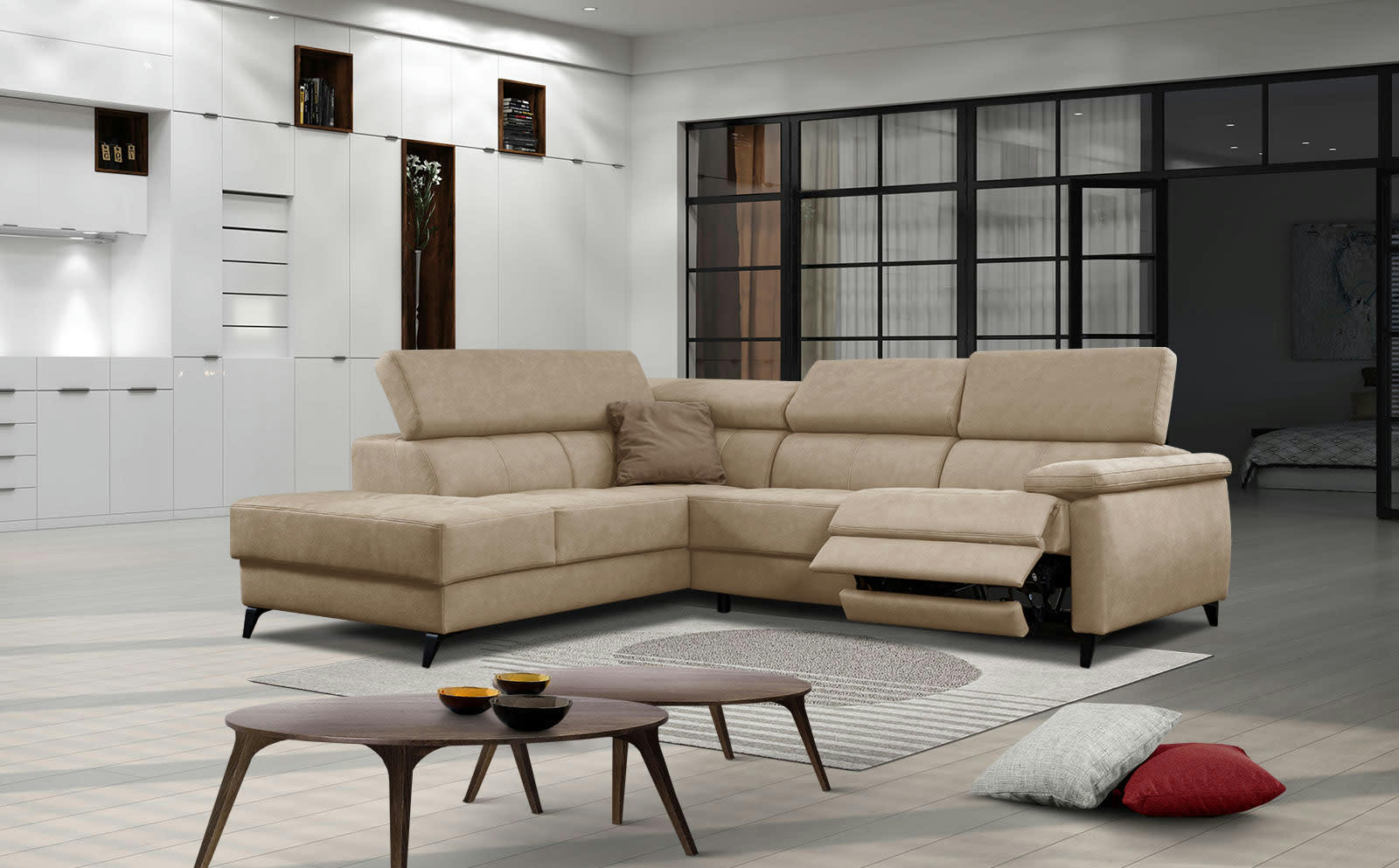 TAUNUS - Le canapé d'angle gauche 5 places beige avec une relaxation