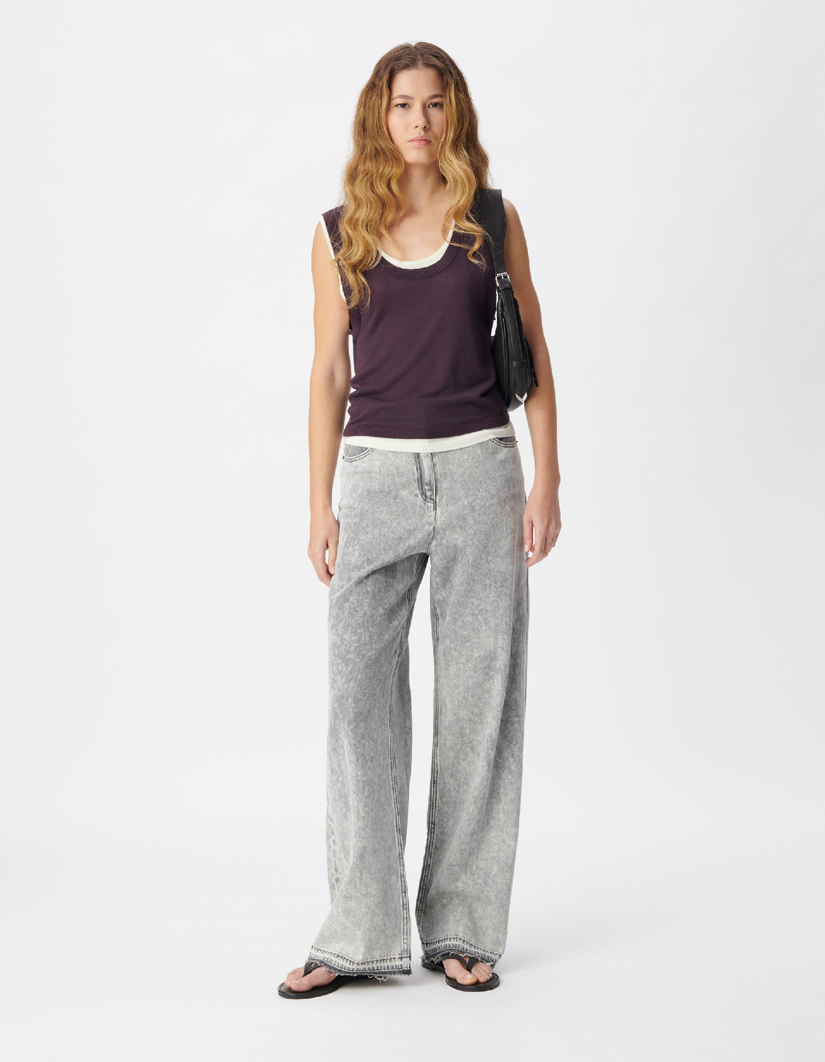 Jean large gris taille haute bas frangés Edie Femme