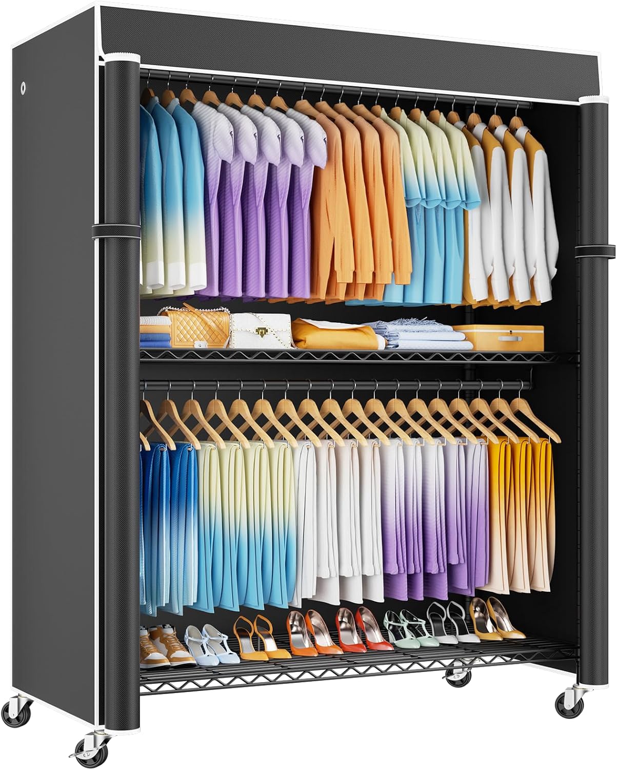 ULIFHOME P8C Max Heavy Duty Clothes Rack（With Extended Width Design） Rolling Clothing Racks for Hanging Clothes with Lockable Wheels，51.2W x 15.8D x 80.5H，Load 700LBS，Black Rack with Black Cover