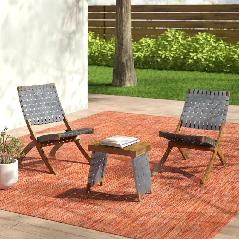 Huntsville Outdoor Foldable 2 Seater Acacia Wood Chat Set with Strapping Belt Accents, Brown and Gray