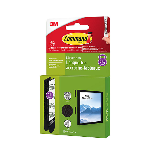 Languette adhésive accroche-tableaux moyennes 3M Command max 5kg - 4 paires noir