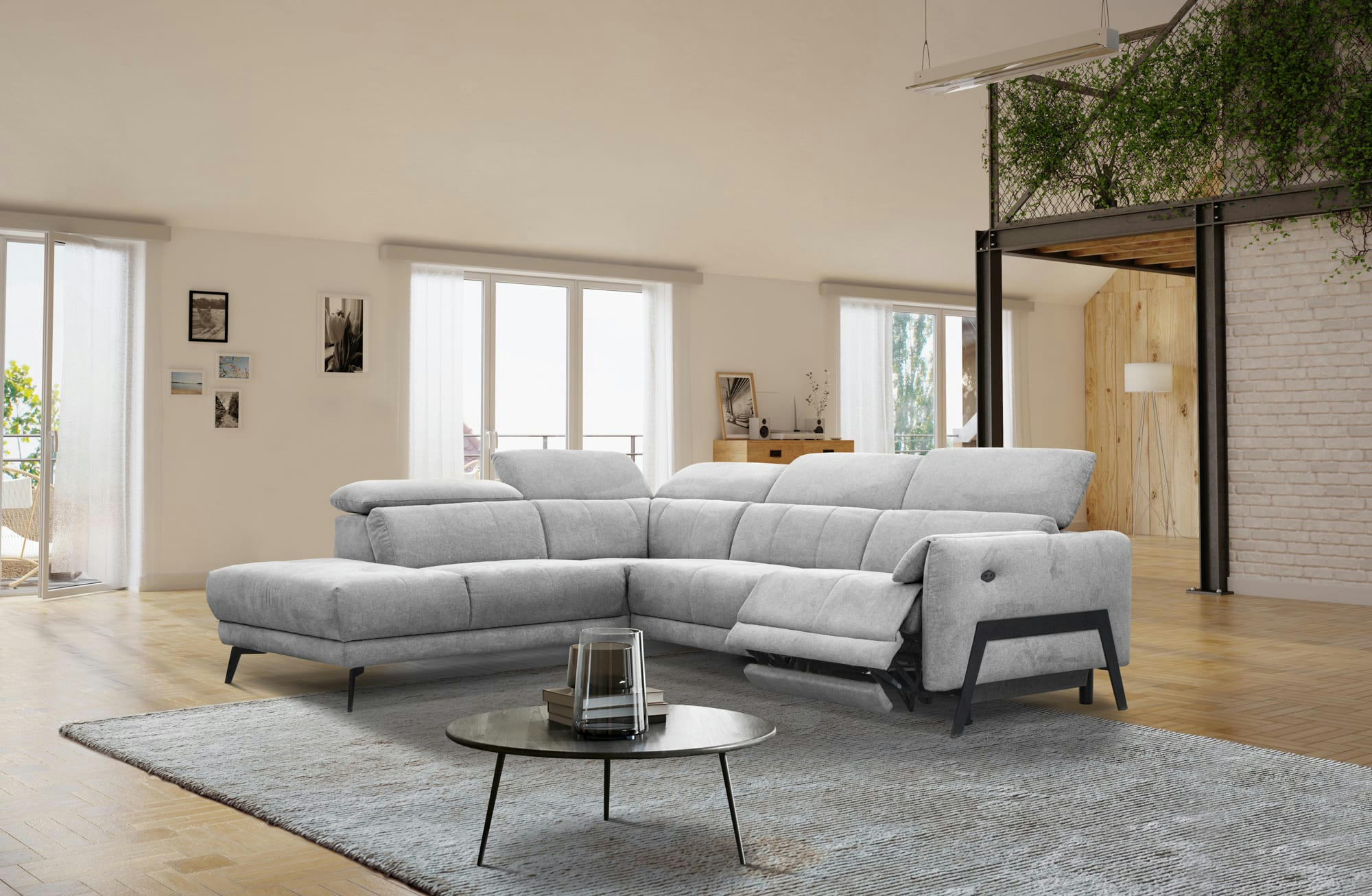 SCALA - Canapé d'angle gauche, 5 places, une relax électrique, Tissu Gris