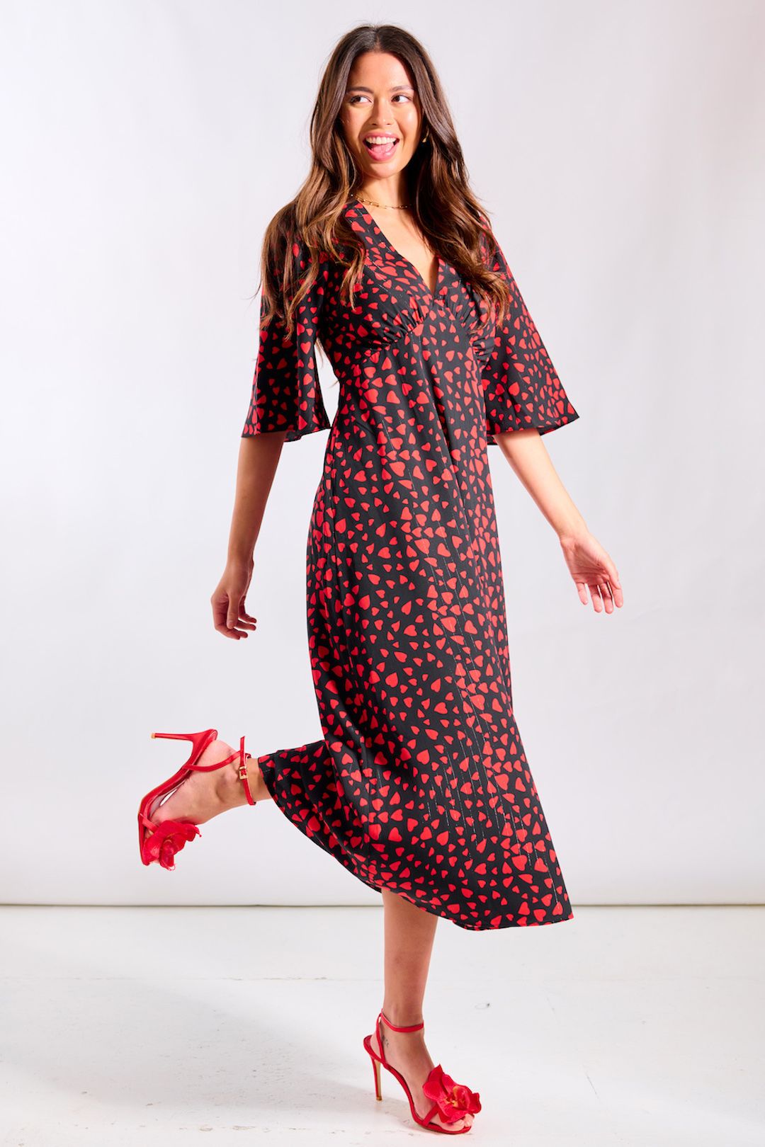 Needs No Label Red Heart Printed Midi Dress