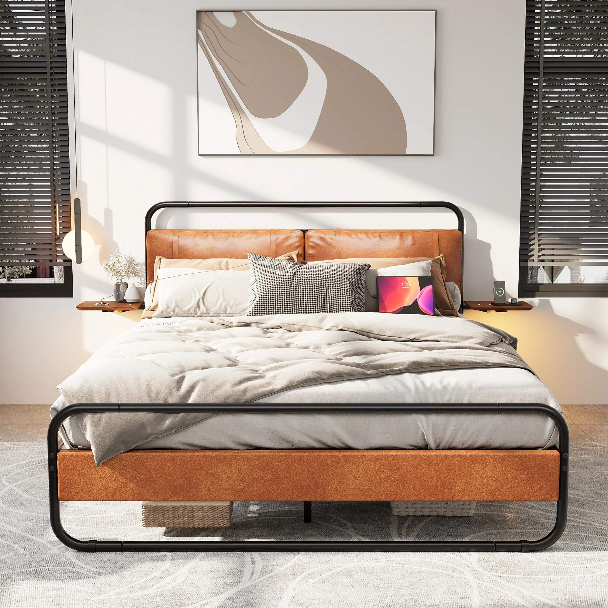 Queen Metal Platform Bed Frame with Upholstered Headboard Wireless Charging USB Ports Touch LED Light