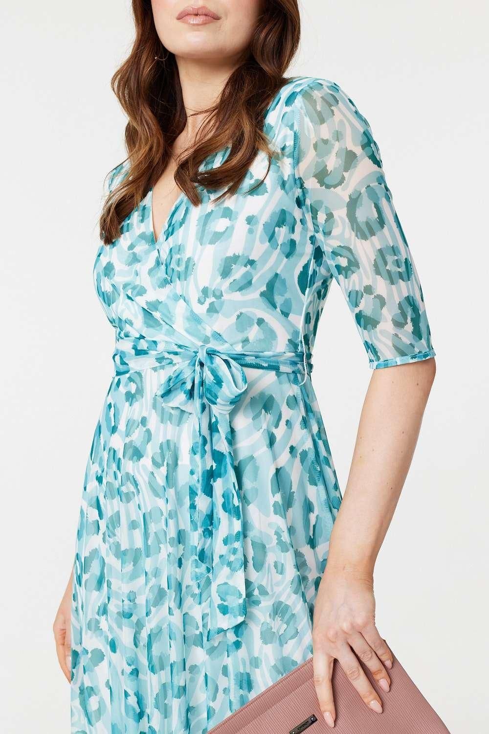 Izabel London Animal Print Sheer Tie Waist Midi Dress