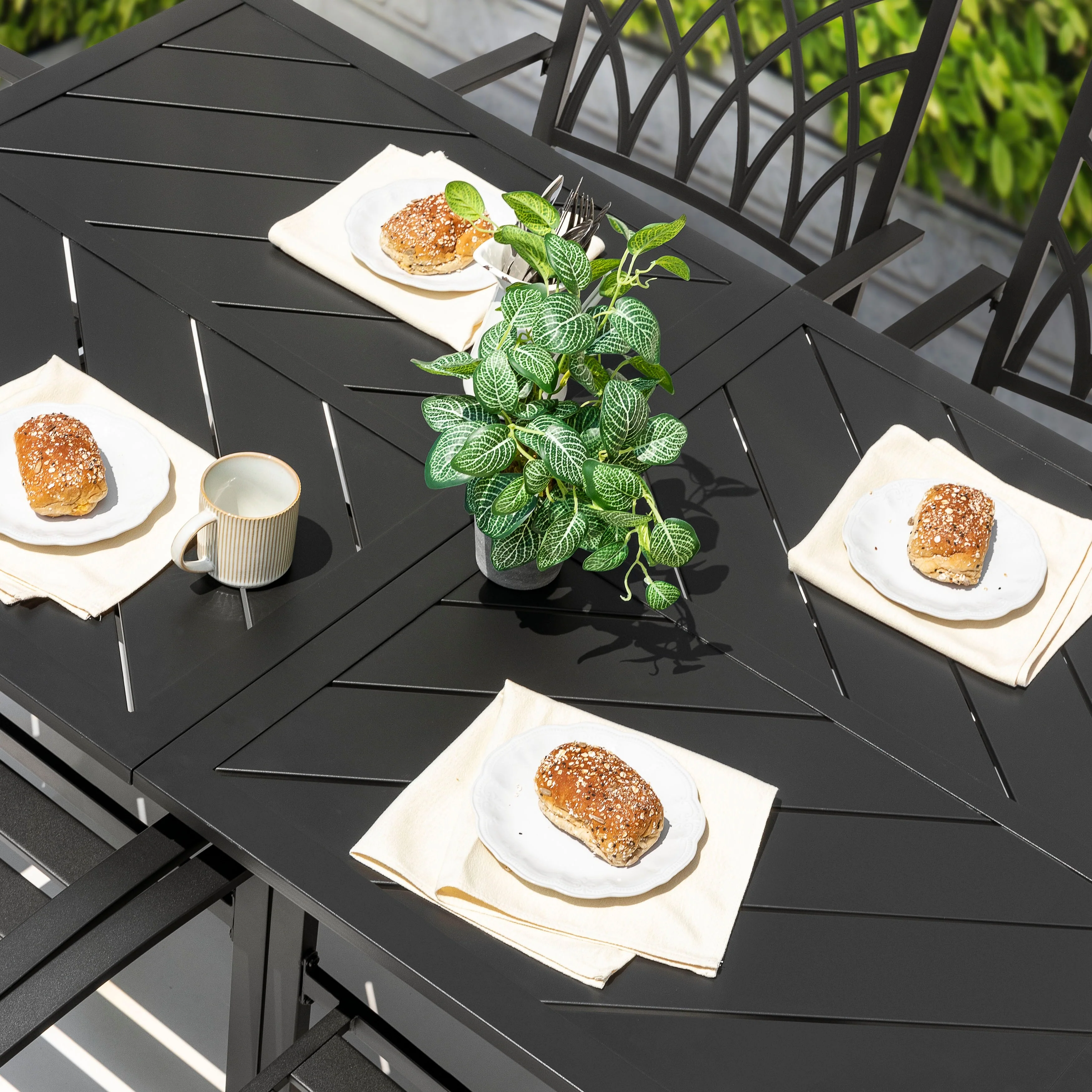 Outdoor Rectangle Iron Dining Table, Splice Tabletop with Umbrella Hole