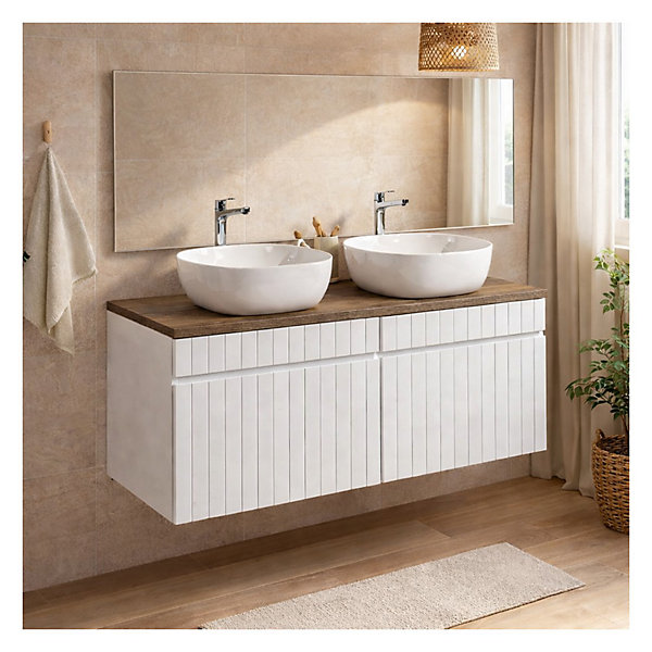 Ensemble ICON blanc : meubles sous vasque 120cm et plan pour vasque aspect bois foncé