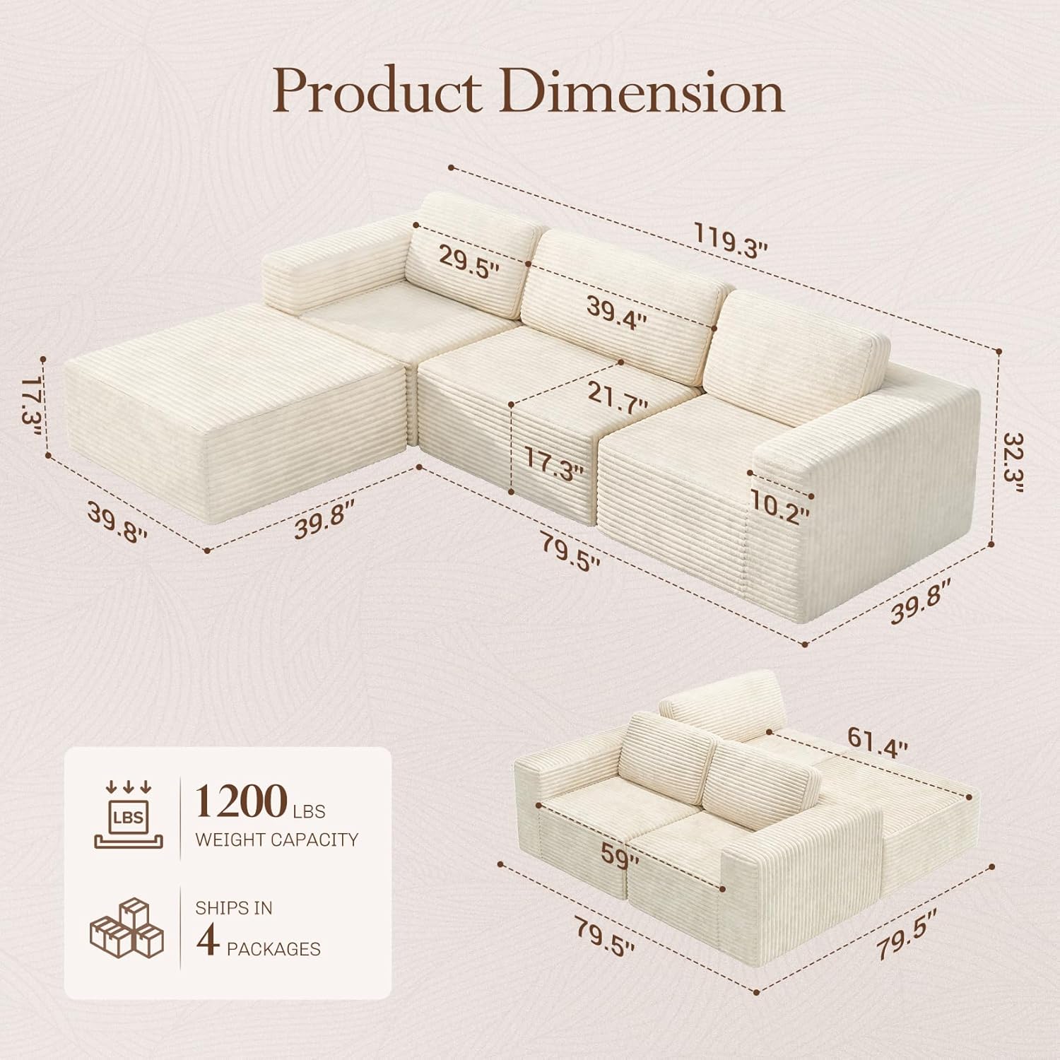 Vesgantti 119 L-Shaped Modular Sectional Sofa, Corduroy Cloud Couch with Deep Seating & Spring Support, Flexible Layout Sofa with Ottoman, Boneless Style, No Assembly Required, Beige