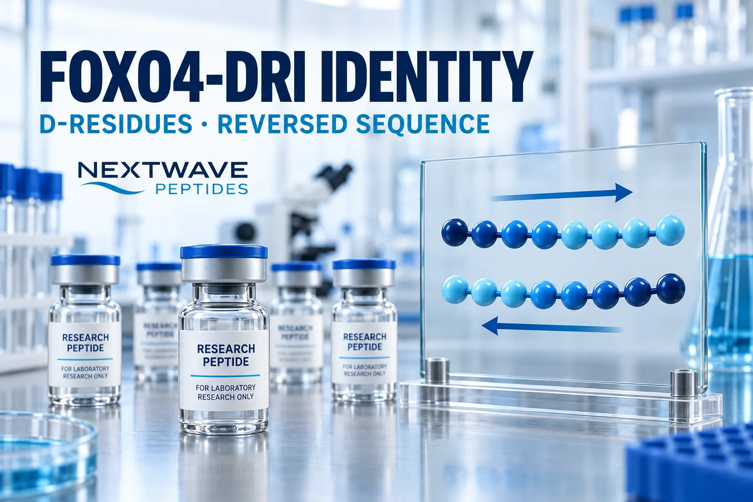 FOXO4-DRI research vials beside a generic diagram showing D-residues and reversed peptide sequence direction.