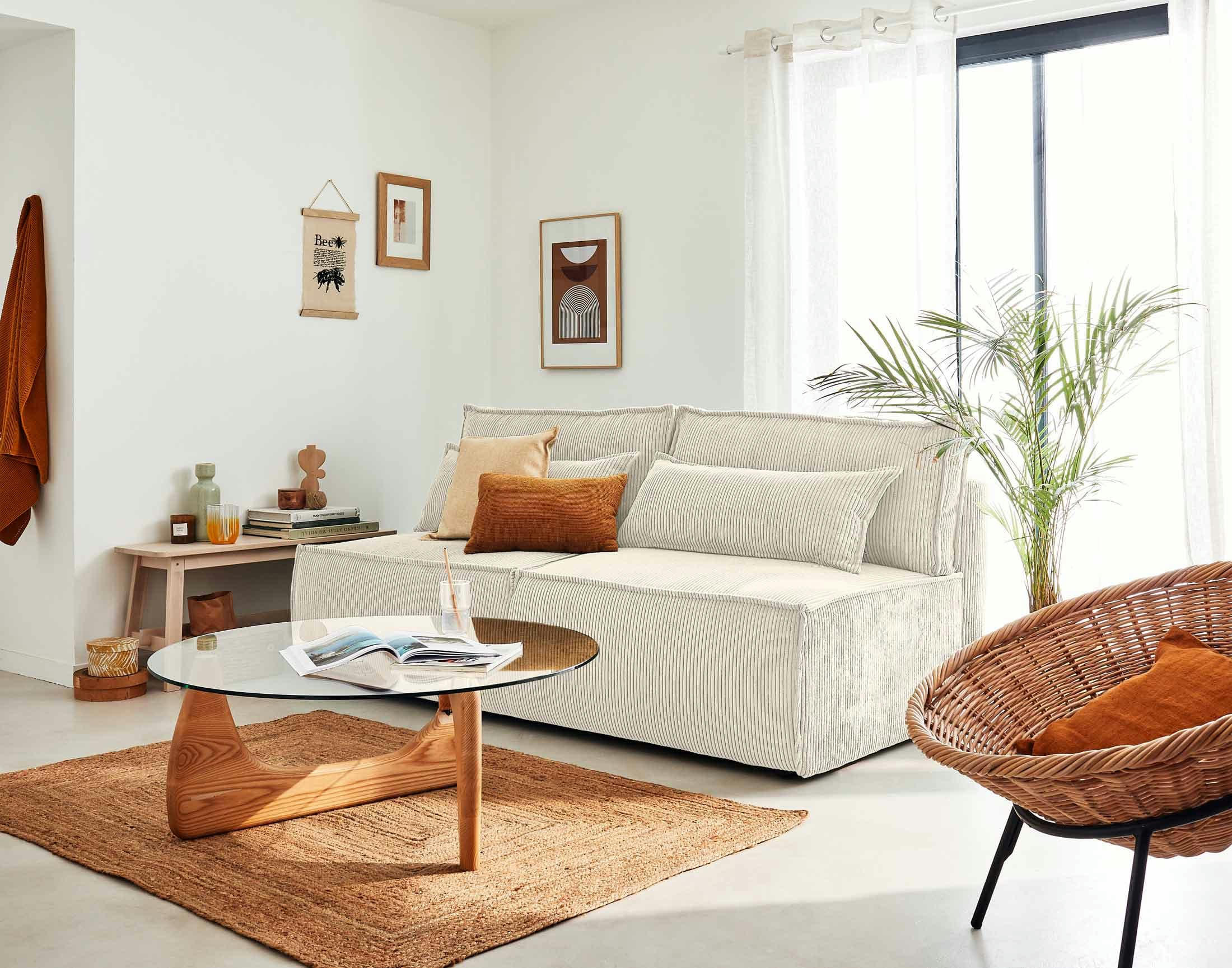 KIARA - Canapé droit convertible 3 places en velours côtelé beige