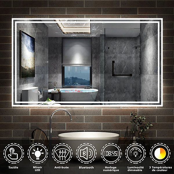 Miroir de salle de bain Bluetooth 140x80 cm, tricolore   horloge   mémoire   dimmable   anti-buée, IP44 Miroir LED, AICA SANITAIRE
