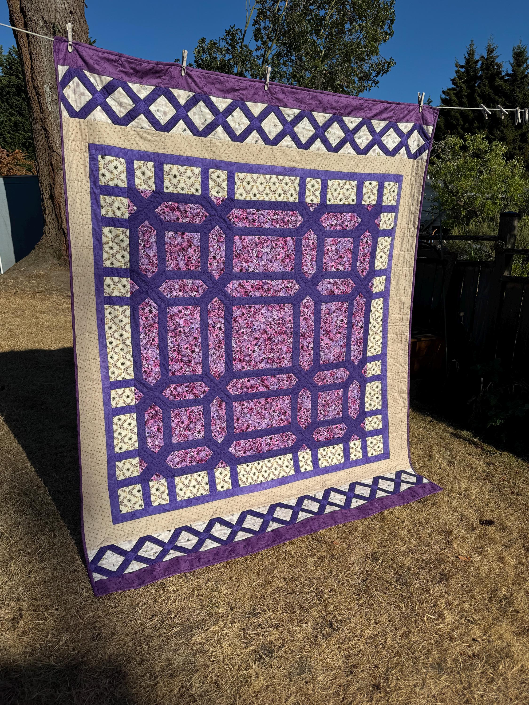 Purple Floral Quilt, Handmade Geometric Throw Quilt with Bees, 60 x 80