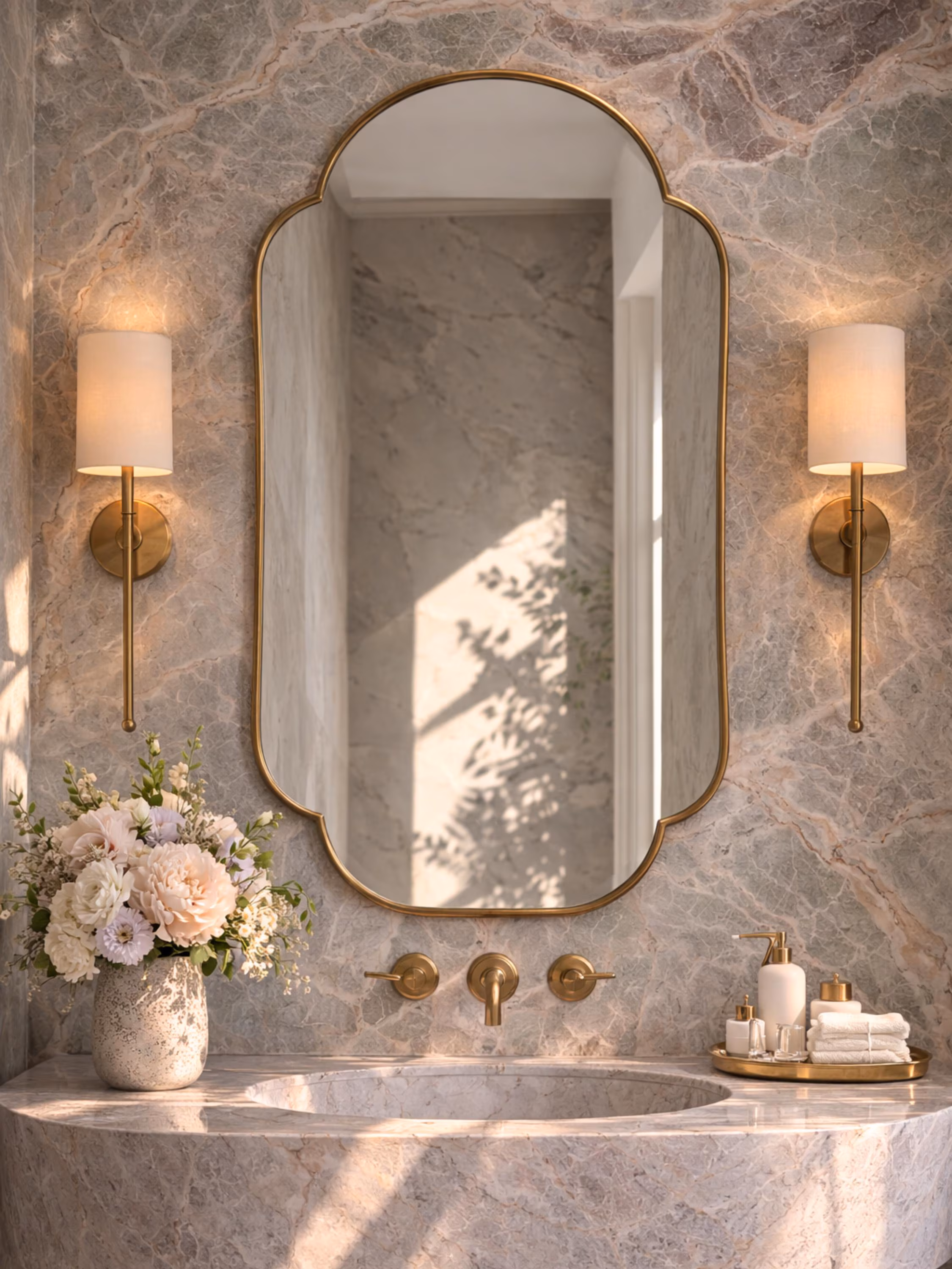 Scalloped Brass Bathroom Mirror, Antique brass Wall Vanity Mirror, Curved Rectangle Mirror, Vintage Inspired Brass Wall Mirror Home Decor