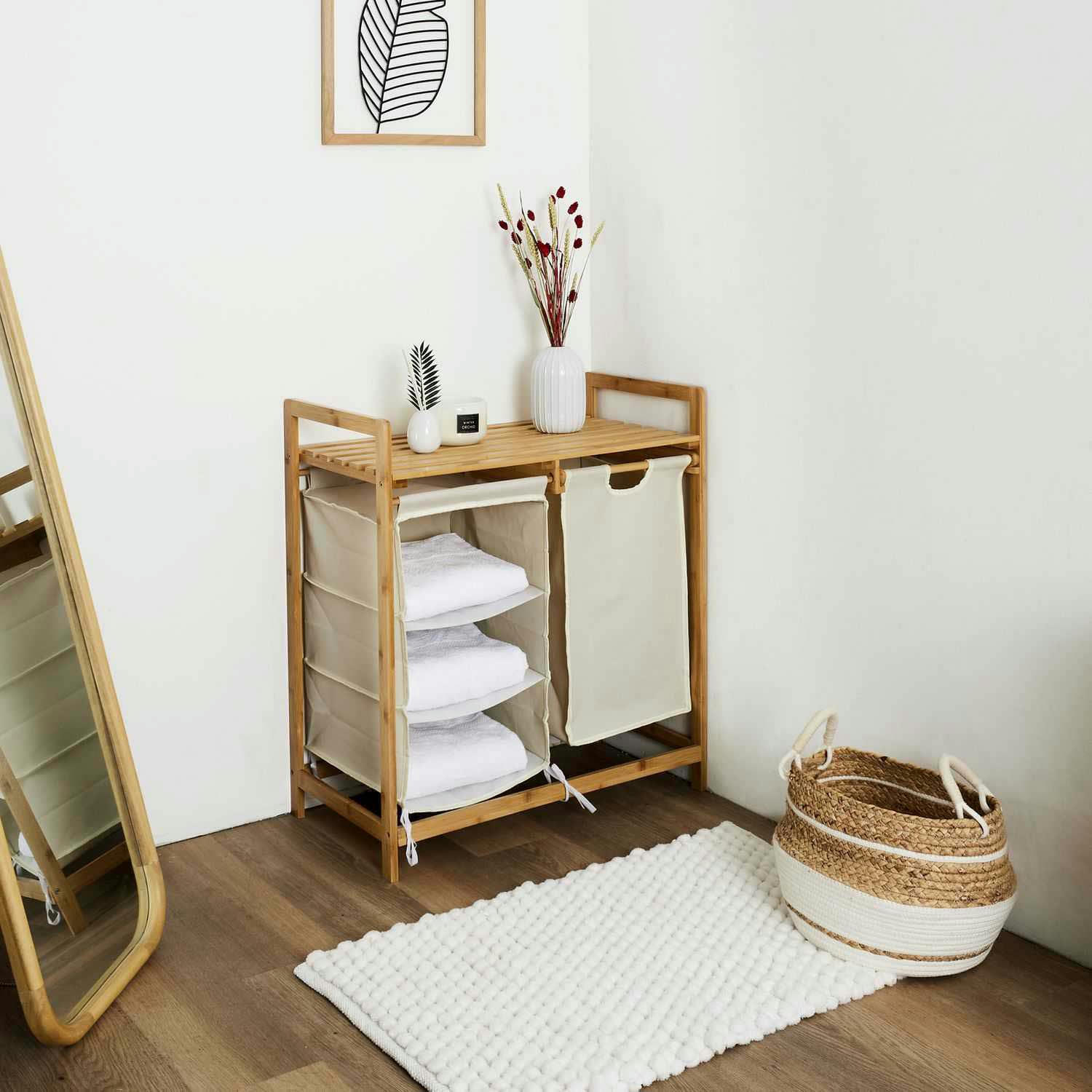 - Rangement 3 étagères et un panier support en bambou