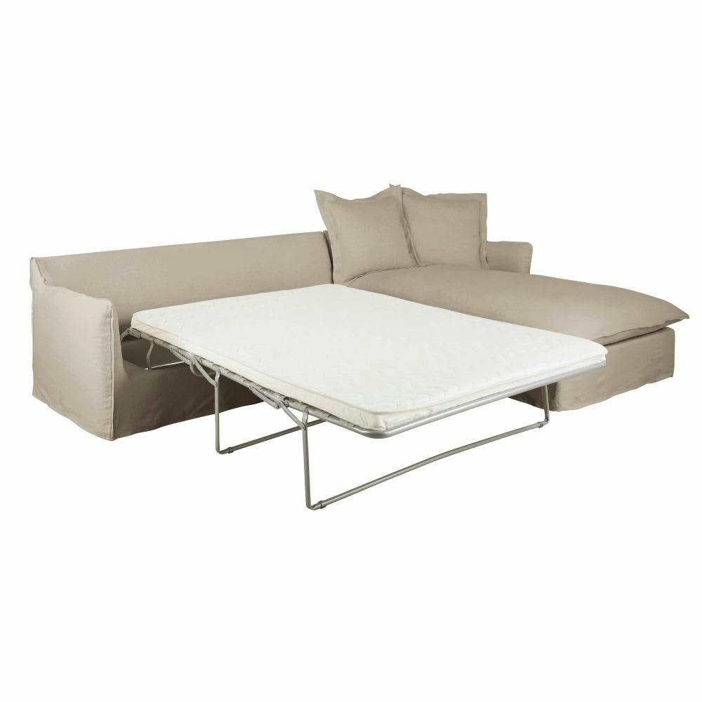 Barcelone - Canapé d'angle droit convertible 5/6 places en lin supérieur beige, matelas 6 cm