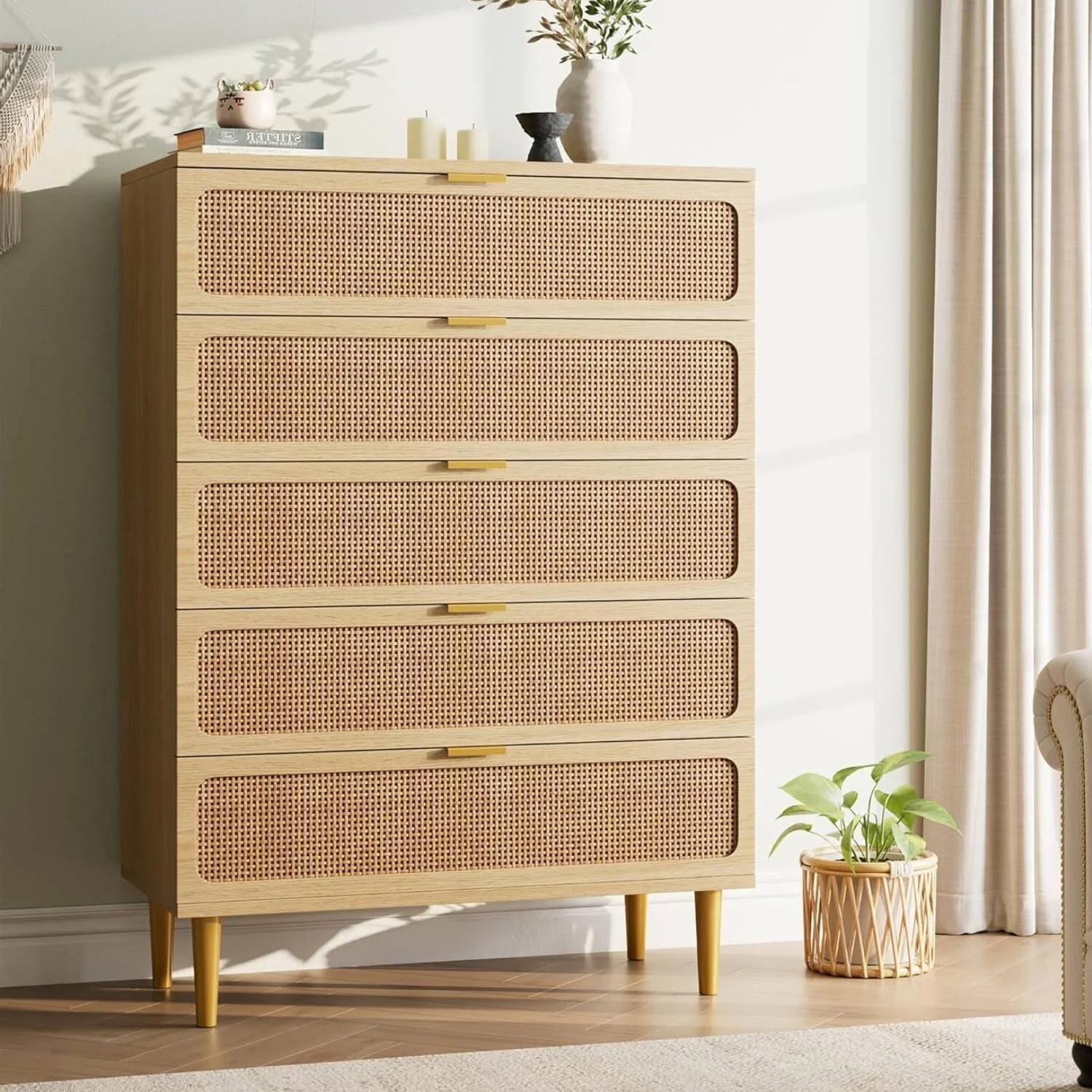 Rattan 5 Drawer Dressers for Bedroom, Hallway