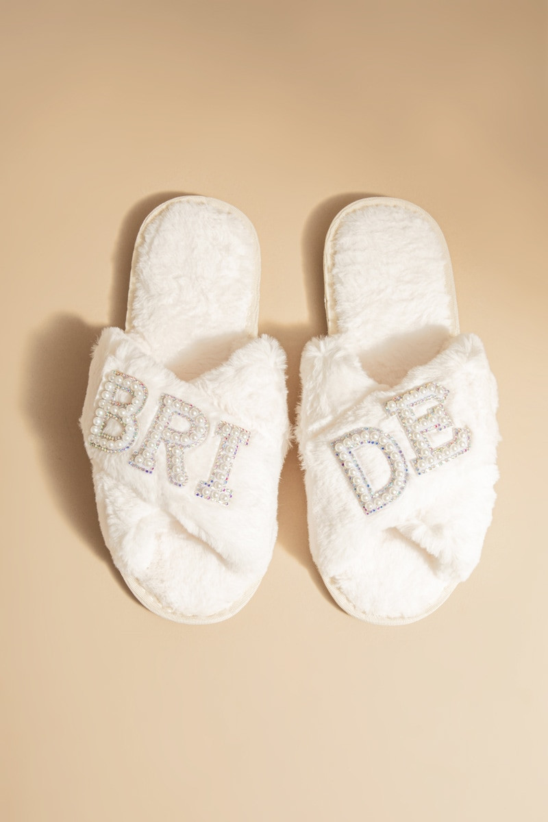 Bride Pearl Embellished Fuzzy Slip Ons