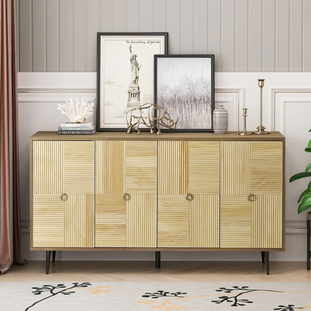 Sideboard Buffets 4-Door Cabinet with Carved Effect Decoration Doors