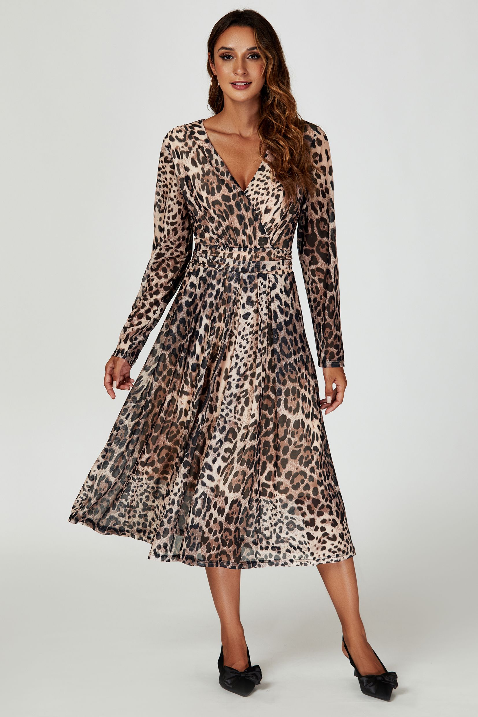 FS Collection Leopard Print Mesh Midi Dress In Brown