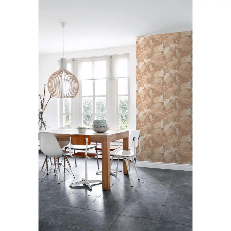 ESTAhome behang bladeren beige en licht terracotta - 50 x 900 cm