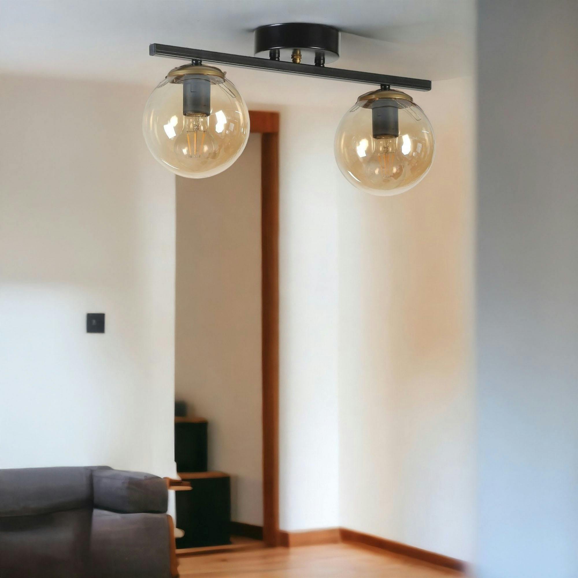 Plafonnier moderne métal noir 2 globes verre ambré SIERRE