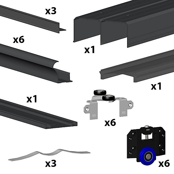 Kit SLID'UP 280 aluminium anodisé noir pour 3 portes de placard coulissantes 18 mm - rail 3 m - 50 kg