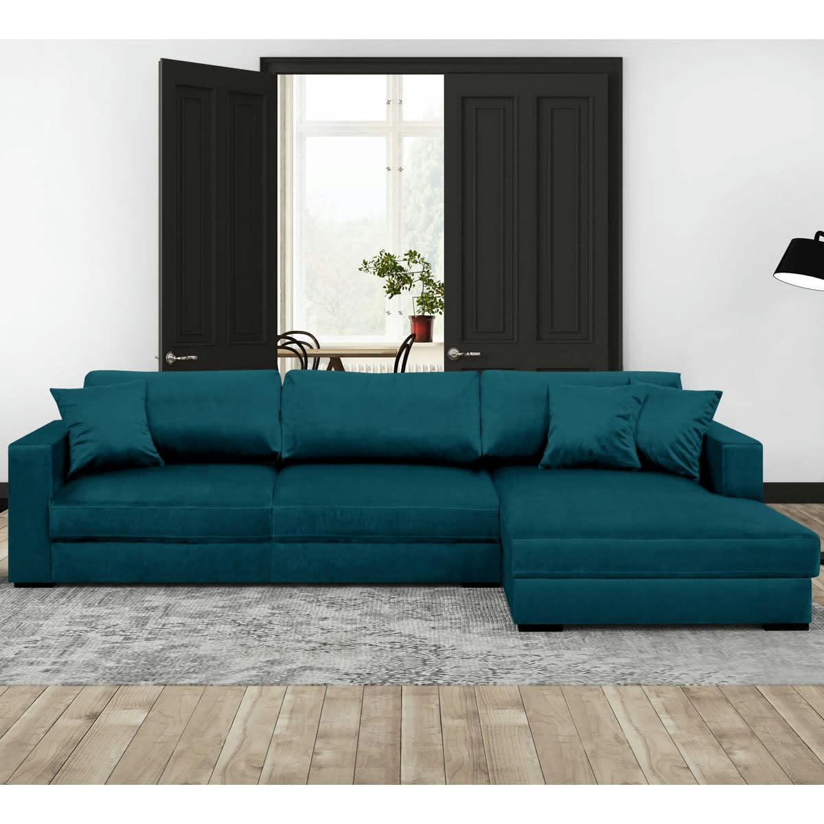 ROBIN - Canapé d'angle droit convertible 5 places bleu canard avec coffre