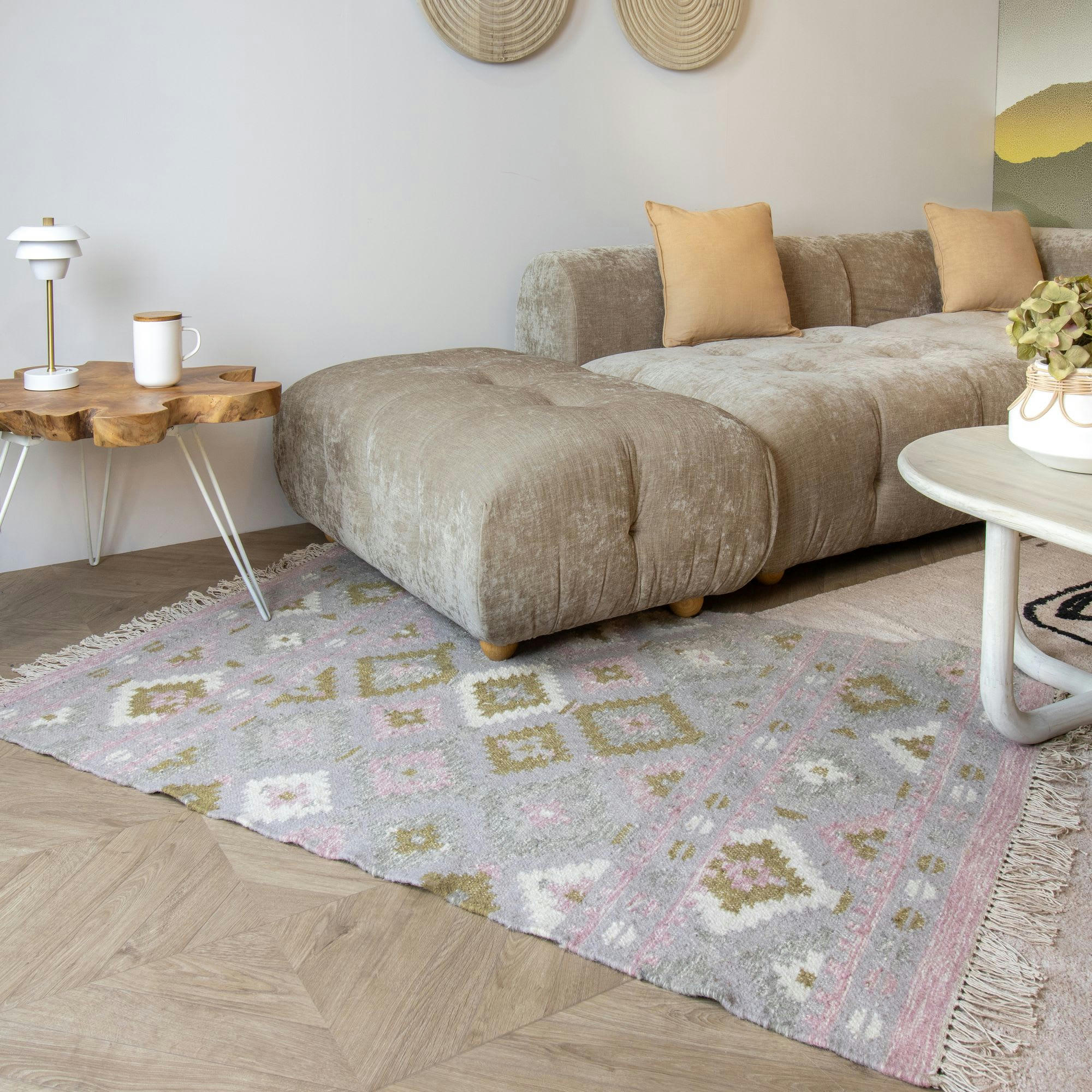 BLUSH - Tapis en jute, laine kilim et coton rose 150x100cm