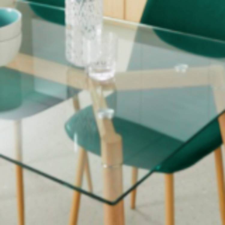 Habitat Beni Glass Oak Dining Table & 4 Green Chairs