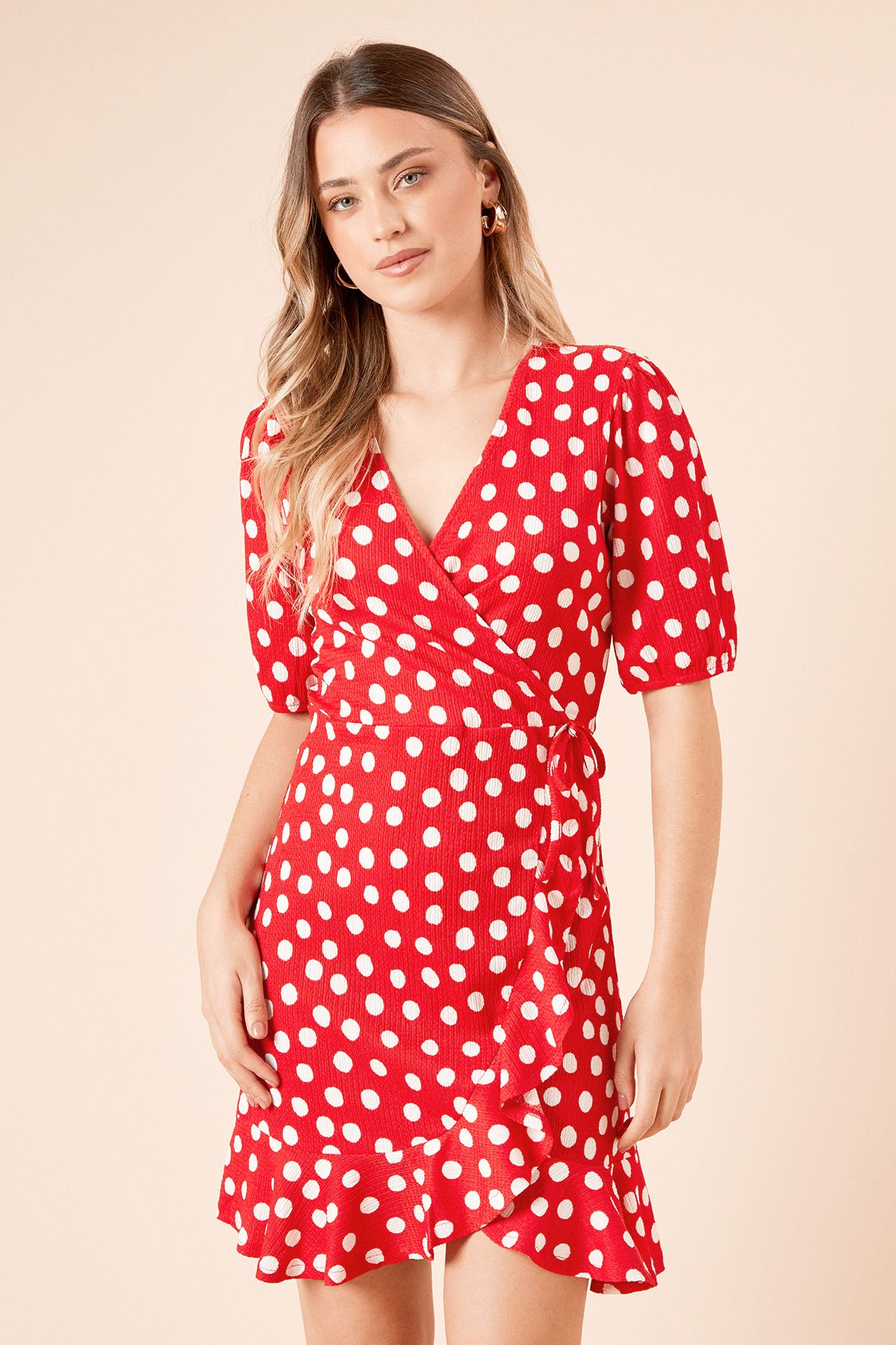 Dorothy Perkins Spot Puff Sleeve Jersey Mini Wrap Dress