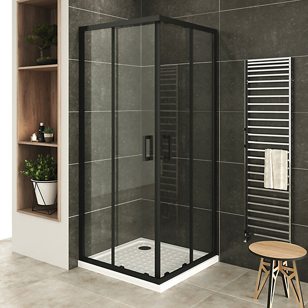 Cabine De Douche H185 80x80cm - Verre Transparent Portes Coulissantes Lanablack  (sans Receveur) - Saniverre