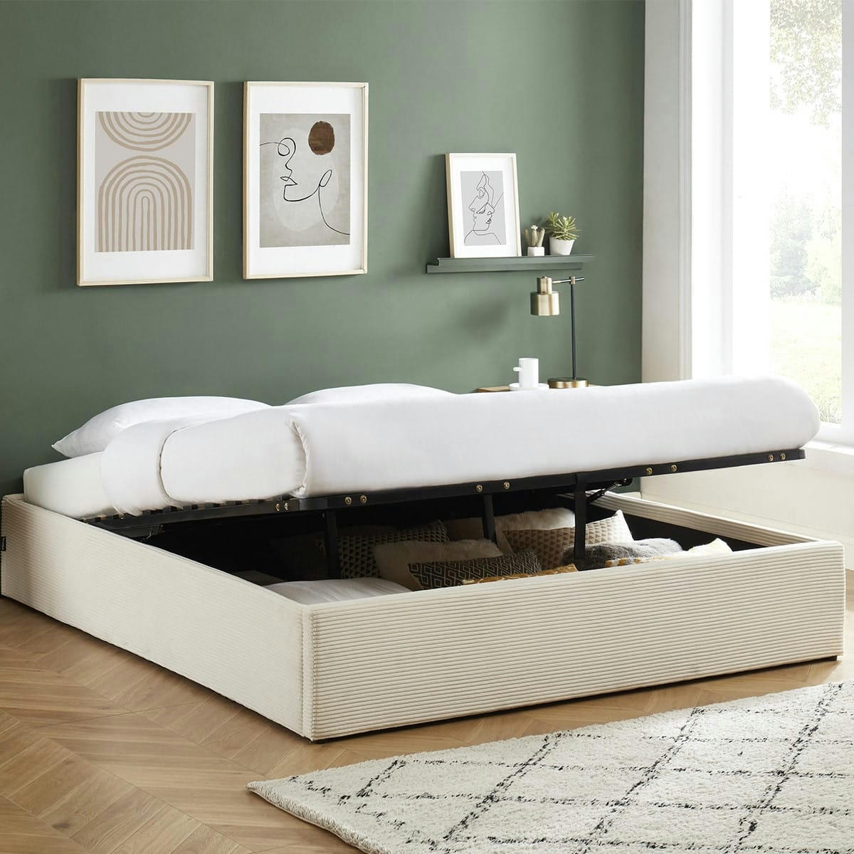 HANDY - Lit coffre 180x200cm en velours côtelé beige + sommier à lattes