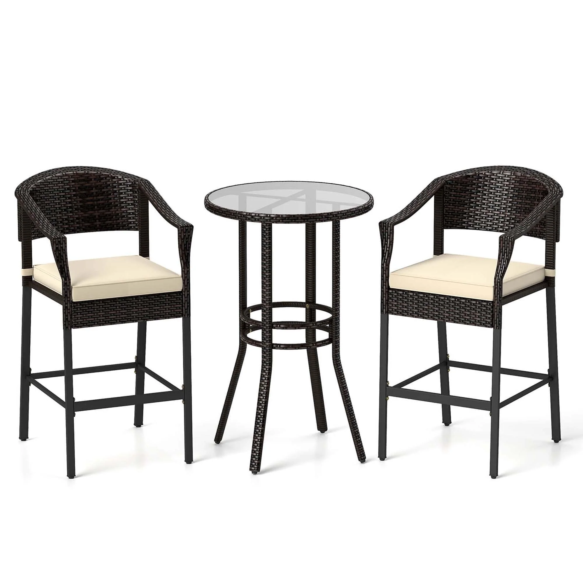 Costway 3 PCS Patio Rattan Bar Set Wicker Armchairs & Round Table with - See Details