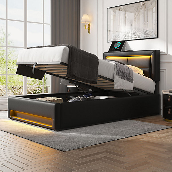 Lit 90x200 cm rembourré moderne avec éclairage LED multicolore et ports USB intégrés, revêtement PU noir