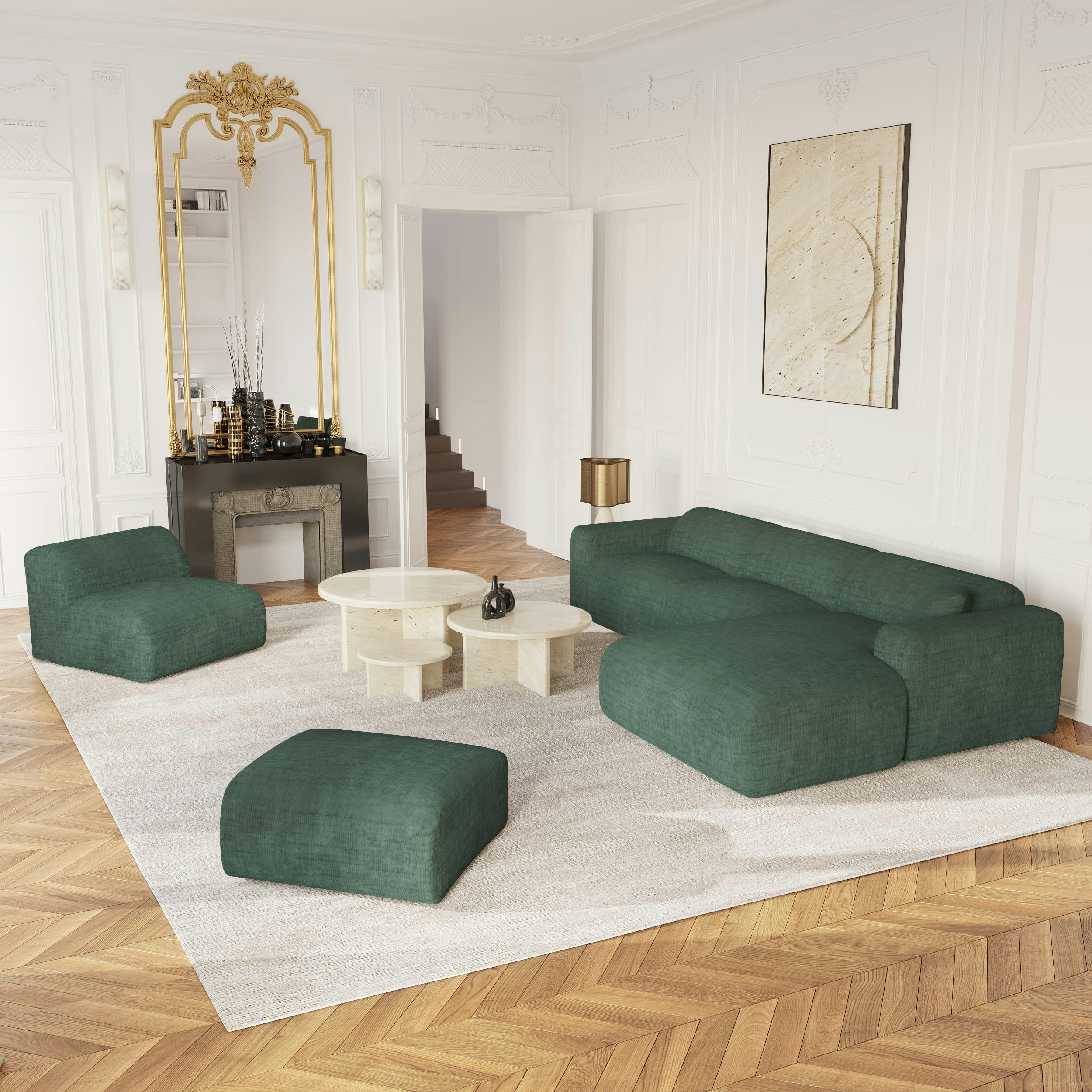 MYRA - Canapé grand angle droit velours texturé vert émeraude