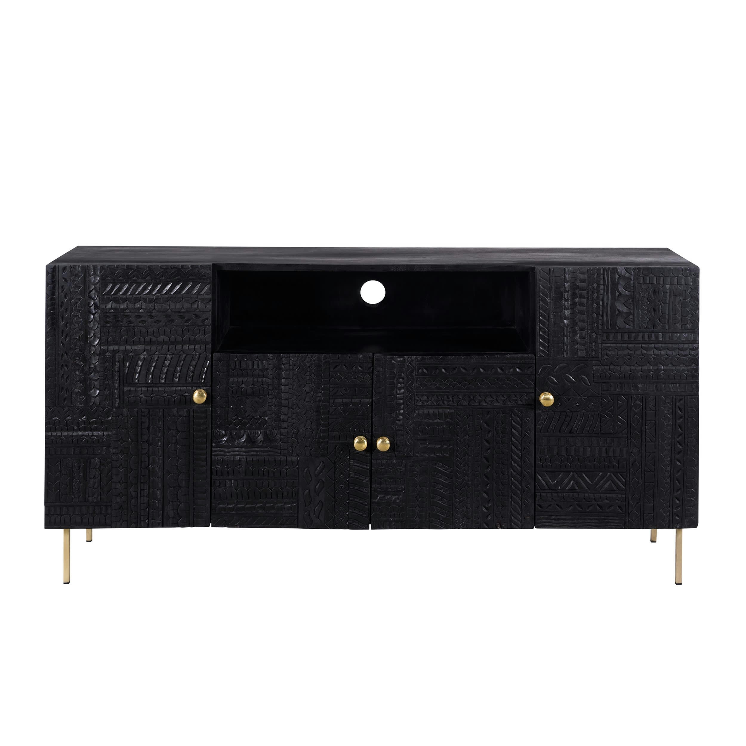 CHIMANE - Buffet 4 portes en bois gravé noir et métal doré